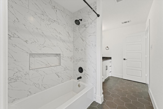 full bath featuring vanity, baseboards, visible vents,  shower combination, and tile patterned floors