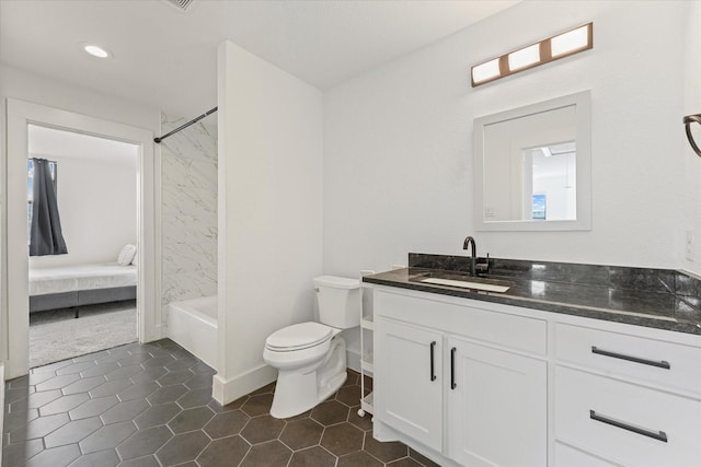 full bathroom with tile patterned flooring, toilet, shower / tub combination, recessed lighting, and vanity