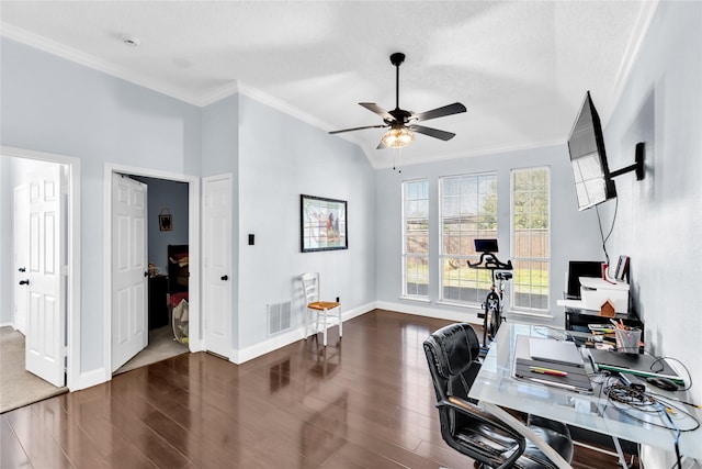 office area with visible vents, baseboards, wood finished floors, and ornamental molding