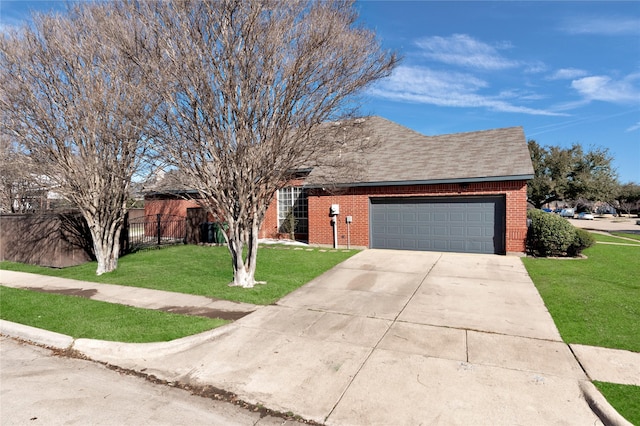 ranch-style house with a garage, driveway, brick siding, and a front lawn