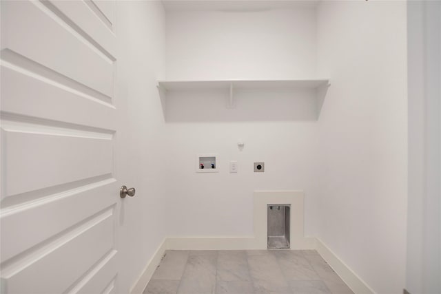 laundry room with baseboards, laundry area, hookup for a washing machine, marble finish floor, and hookup for an electric dryer