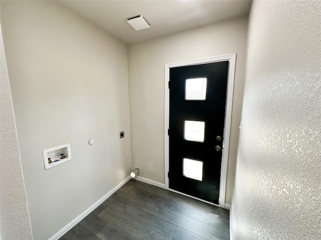 washroom with baseboards, laundry area, hookup for a washing machine, electric dryer hookup, and dark wood-style flooring