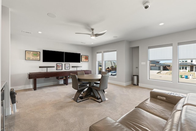 office area with recessed lighting, visible vents, light colored carpet, and baseboards