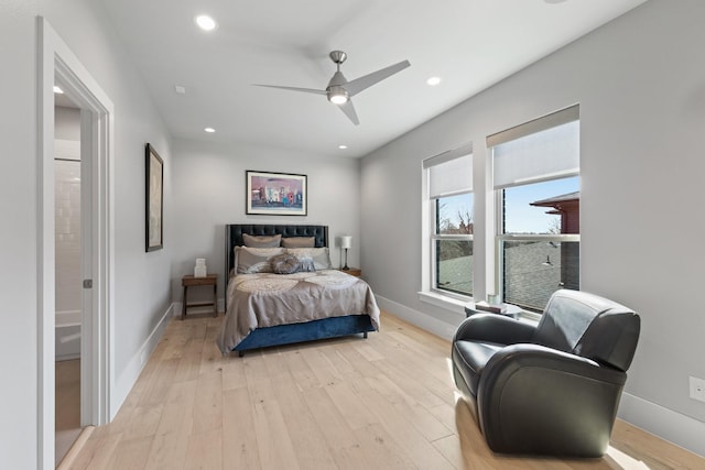 bedroom featuring ceiling fan, recessed lighting, light wood-type flooring, and baseboards