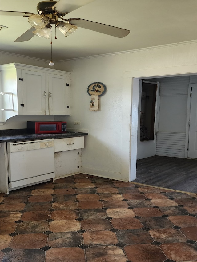 kitchen with dark countertops, ceiling fan, ornamental molding, white dishwasher, and white cabinetry