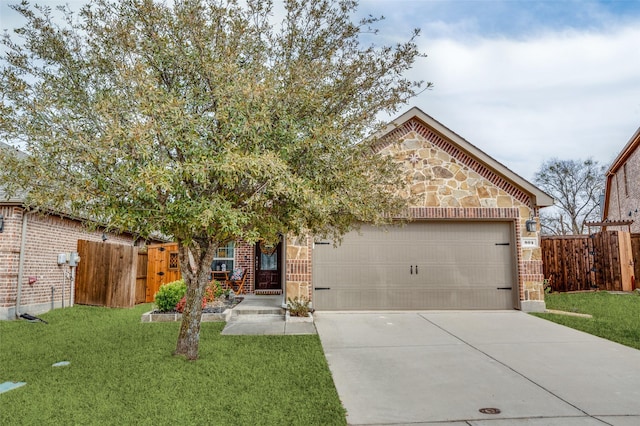 view of front of house featuring driveway, stone siding, an attached garage, a front yard, and brick siding