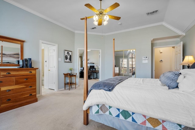 bedroom featuring visible vents, light carpet, a closet, and ornamental molding