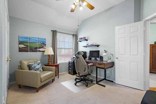 home office with baseboards, lofted ceiling, carpet floors, and ceiling fan