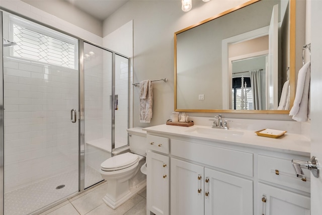 full bath with vanity, a shower stall, toilet, and tile patterned floors