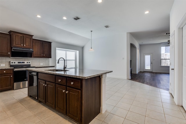 kitchen featuring visible vents, stainless steel electric stove, light tile patterned flooring, a sink, and black dishwasher