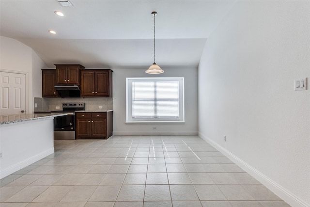 kitchen with decorative backsplash, dark brown cabinetry, light tile patterned floors, stainless steel electric range oven, and vaulted ceiling