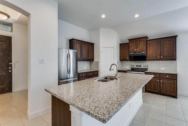 kitchen with a sink, decorative backsplash, dark brown cabinets, appliances with stainless steel finishes, and exhaust hood