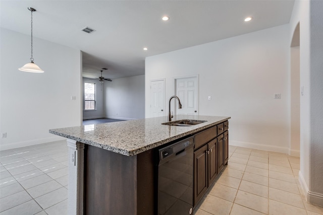 kitchen with a ceiling fan, visible vents, a sink, black dishwasher, and dark brown cabinets