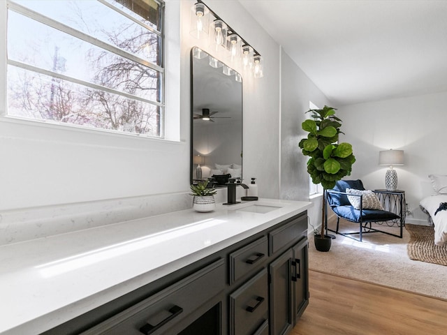 bathroom with baseboards, vanity, a ceiling fan, and wood finished floors