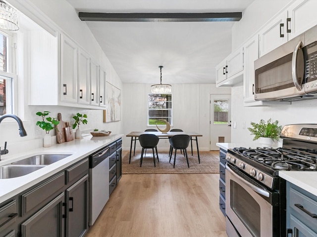 kitchen featuring beam ceiling, a sink, appliances with stainless steel finishes, white cabinets, and light countertops