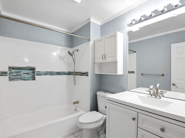 full bath featuring toilet, bathing tub / shower combination, a textured wall, marble finish floor, and vanity