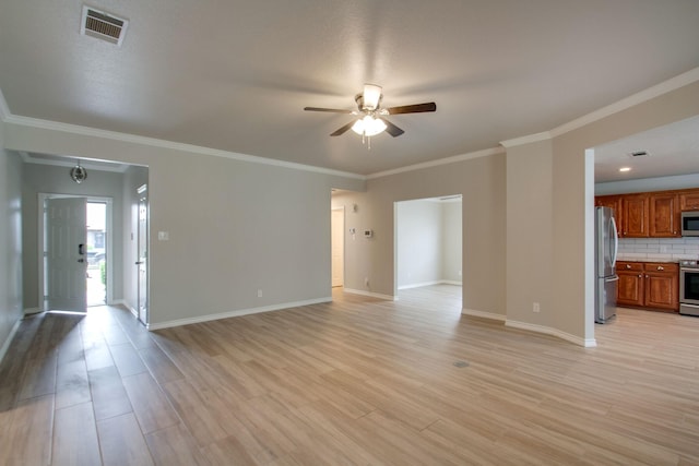 unfurnished living room with visible vents, baseboards, a ceiling fan, and light wood finished floors