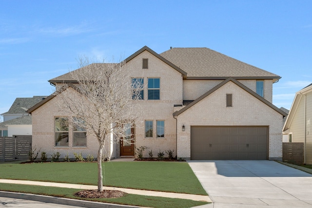 view of front facade with brick siding, a front lawn, fence, concrete driveway, and a garage