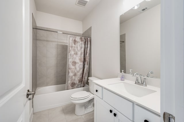 bathroom with vanity, visible vents, shower / bath combo, tile patterned floors, and toilet