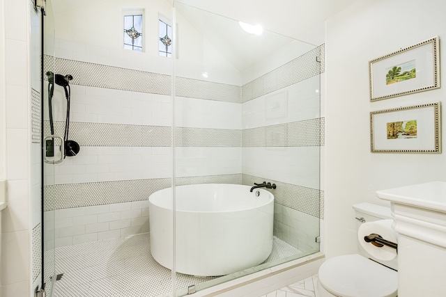 bathroom featuring lofted ceiling, toilet, a shower stall, and a freestanding bath