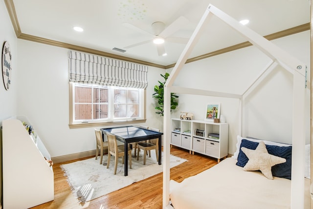 bedroom with visible vents, baseboards, ornamental molding, recessed lighting, and wood finished floors