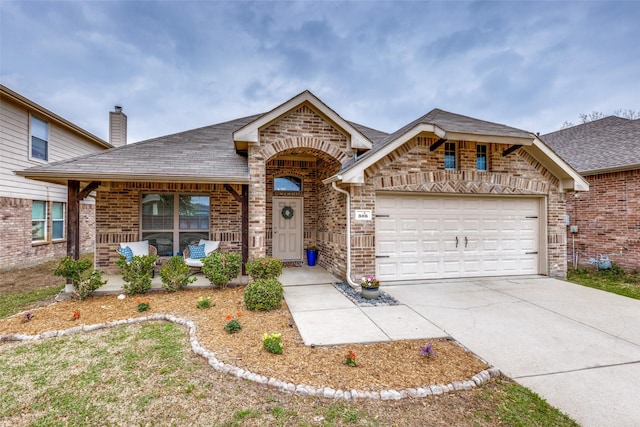 view of front of home with brick siding, an attached garage, driveway, and roof with shingles