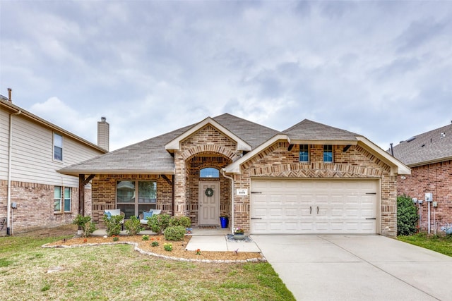 view of front of property with brick siding, a shingled roof, concrete driveway, a front yard, and an attached garage