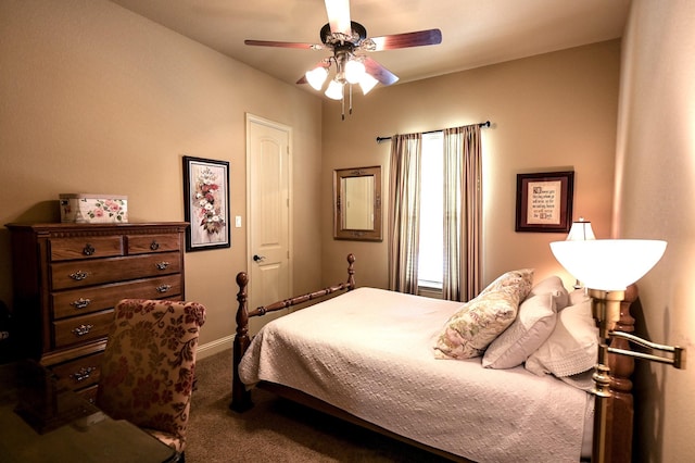 bedroom featuring carpet flooring, baseboards, and ceiling fan