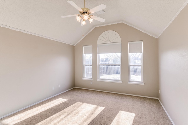 spare room featuring baseboards, carpet flooring, a textured ceiling, and lofted ceiling