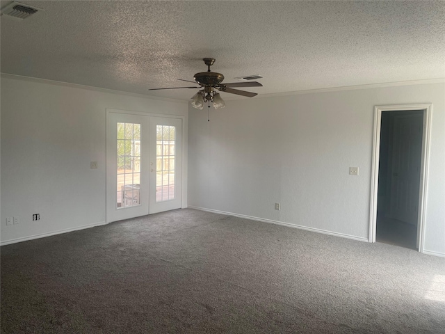 unfurnished room with visible vents, a ceiling fan, carpet flooring, and french doors