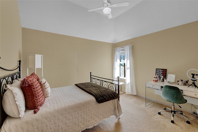 bedroom featuring vaulted ceiling, carpet flooring, a ceiling fan, and baseboards