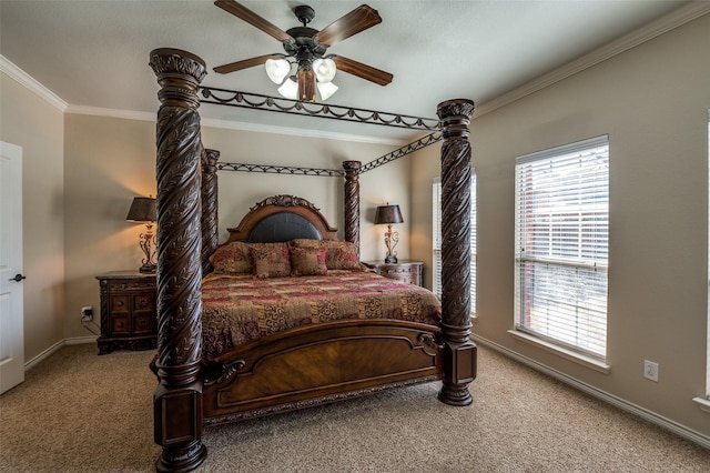 bedroom with a ceiling fan, carpet, baseboards, and ornamental molding