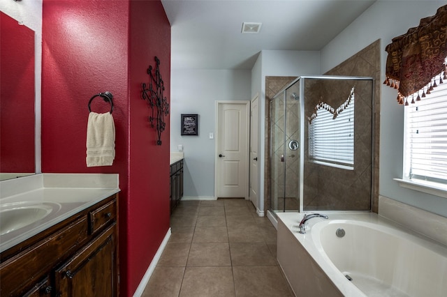 bathroom with tile patterned floors, visible vents, a garden tub, a shower stall, and vanity