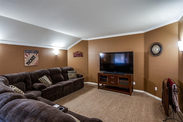 carpeted living area with lofted ceiling, a textured wall, baseboards, and ornamental molding