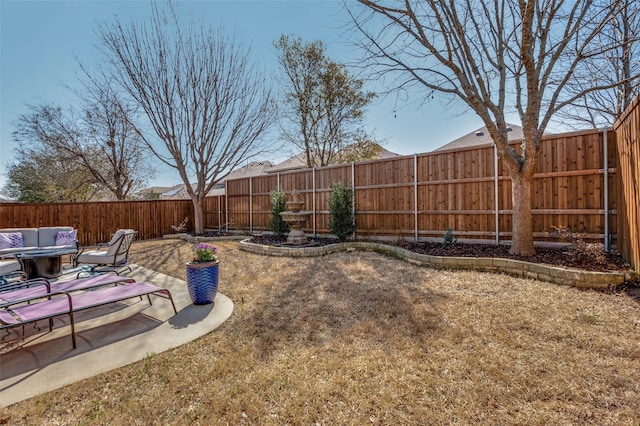 view of yard with a fenced backyard and a patio