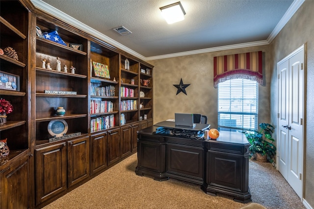 office area featuring visible vents, light carpet, a textured ceiling, and crown molding