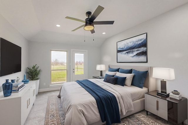 bedroom featuring recessed lighting, light colored carpet, a ceiling fan, and baseboards