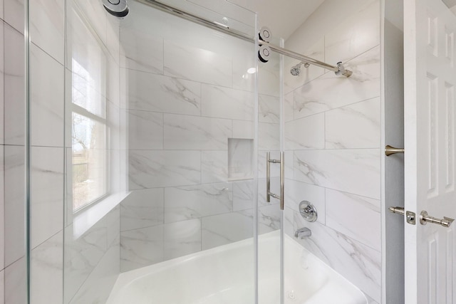 full bathroom with a shower with door and a washtub