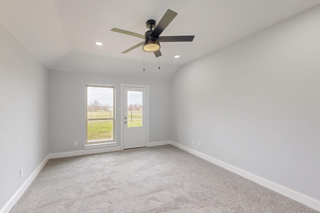 empty room featuring a ceiling fan, recessed lighting, and baseboards