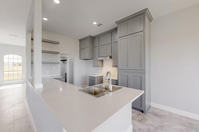 kitchen with a sink, visible vents, a peninsula, and gray cabinets