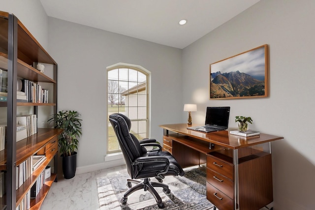 office space featuring recessed lighting, baseboards, and marble finish floor