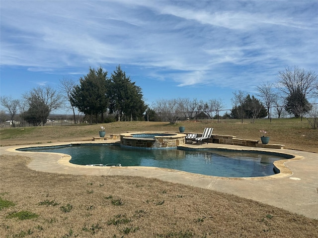 view of pool with a yard and a pool with connected hot tub