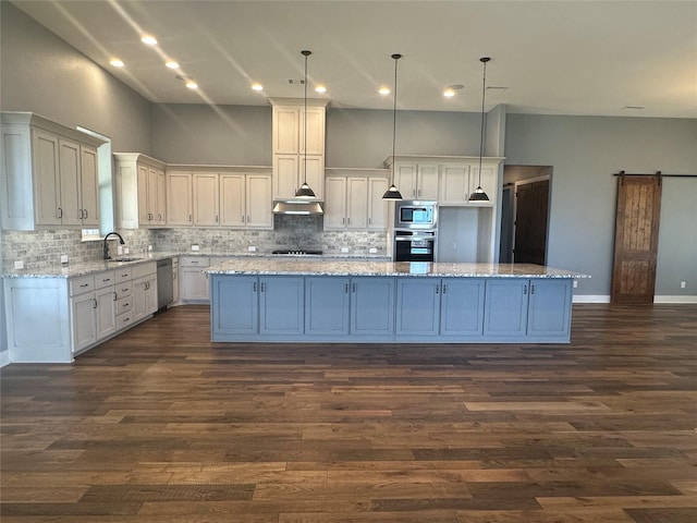 kitchen with a sink, stainless steel appliances, dark wood-type flooring, white cabinetry, and a barn door