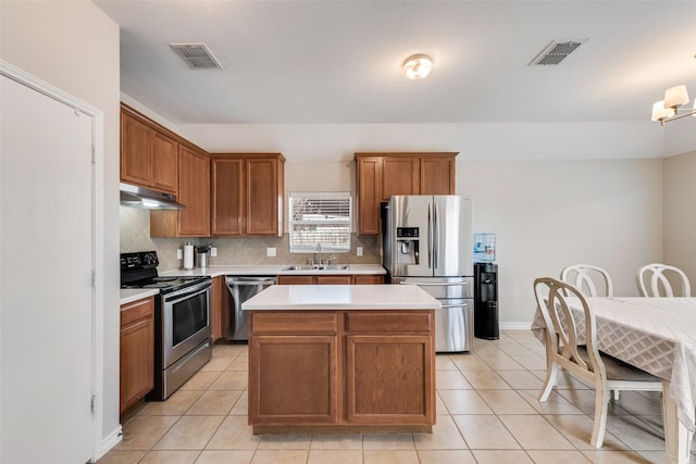 kitchen featuring a sink, visible vents, under cabinet range hood, and stainless steel appliances