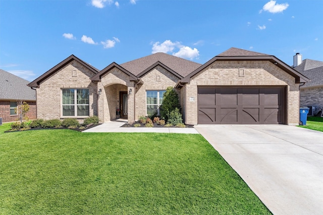 french country home featuring a garage, driveway, brick siding, and a front lawn