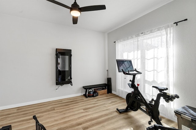 exercise area featuring light wood-style floors, baseboards, and ceiling fan