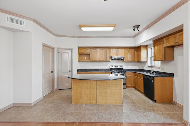 kitchen with visible vents, under cabinet range hood, stainless steel electric range oven, black dishwasher, and a sink