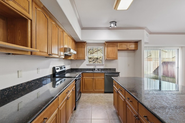 kitchen with dark stone countertops, a sink, electric stove, under cabinet range hood, and dishwasher