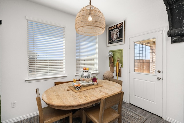 dining room with baseboards, plenty of natural light, and wood finished floors