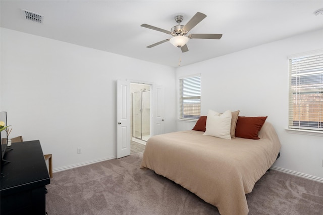 bedroom featuring a ceiling fan, carpet, visible vents, and baseboards